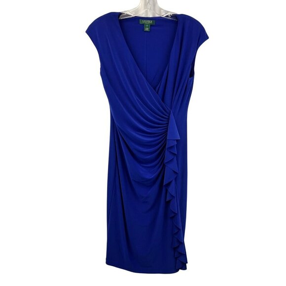 Lauren Ralph Lauren Ruched Sheath Dress Ruffle Blue Purple Knee Length Size 8 - Picture 1 of 9